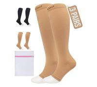 360 RELIEF 3 Pairs Compression Socks for Women & Men - Open Toe Graduated Compression Stockings, Flight Socks, Running, Nurses, Maternity, Pregnancy, S/M, Beige + Laundry Bag