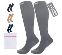 360 RELIEF 3 Pairs Flight Compression Socks for Women & Men, Comfortable Travel, Circulation & Leg Relief, Pregnancy Support, XXL, Grey + Laundry Bag