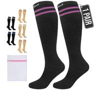 360 RELIEF Compression Socks for Women Men, 15-20 mmHg Supports Circulation, Travel Flight Socks, Pregnancy Stockings L/XL, Black with 2 Pink lines + Laundry Bag