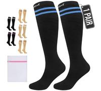 360 RELIEF Compression Socks for Women Men, 15-20 mmHg Supports Circulation, Travel Flight Socks, Pregnancy Stockings L/XL, Black with 2 Blue lines + Laundry Bag