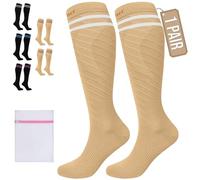 360 RELIEF Compression Socks for Women Men, 15-20 mmHg Supports Circulation, Travel Flight Socks, Pregnancy Stockings L/XL, Beige with 2 White lines + Laundry Bag