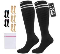 360 RELIEF Compression Socks for Women Men, 15-20 mmHg Supports Circulation, Travel Flight Socks, Pregnancy Stockings L/XL, Black with 2 White lines + Laundry Bag