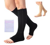 360 RELIEF Zipper Open Toe Medical Compression Socks Support | Edema, Pregnancy, Swollen Legs, Travel, Flight, Work, Nurse, Varicose Veins | S/M, Black with Mesh Laundry Bag |