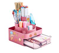 360° Rotatable Rotating Pen Caddy, Creative Pen Pot, Desktop Stationary Organizer, with 2 Piece Cartoon Stickers, with 7 Compartments and Anti Slip Mat, for Office Storage, Dressing Table (Pink 1)