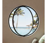 360°RotatableAluminumAlloyRoundMoonWindowwithArtGlassTemperedGlassShedWindowDecorativeCircularDesign(BlackA90cm/35.4in)