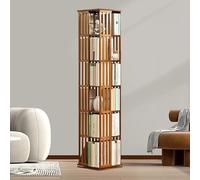 360° Rotating Bamboo Bookshelf 5/6 Tier Solid Wood Corner Display Rack Space-Saving Rotating Bookcase Modern Design for Small Spaces Brown Finish