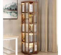 360° Rotating Bamboo Bookshelf Tower - 5/6 Tier Stackable Corner Bookcase with Acrylic Storage for Narrow Spaces, Ideal for Bedroom, Living Room & Office (Brown, 40")