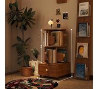 360° Rotating Black Bookshelf with Top Storage & Drawer Lockable Display Shelves Side Bookends Versatile Bookcase with Multiple Sizes (Brown 33.5in)