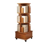 360° Rotating Bookcase with Wheels 4 Tier Narrow Bookshelf Tower Corner Wood Storage Rack with Drawers for Small Spaces Bedroom (Wood Color 18.7"x18.7"x4")