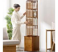 360° Rotating Bookshelf 6/7 Tier Corner Shelf with Cabinet Freestanding Bamboo Bookcase for Living Room Bedroom Office Vertical Storage (Brown 36x36x174cm)