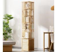 360° Rotating Bookshelf - 6/7 Tier Corner Storage Unit with Cabinet Free-Standing Bamboo Bookcase for Living Room Bedroom Office Study - Vertical Design (Natural 36x36x200cm)