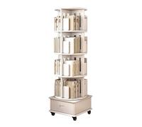 360° Rotating Bookshelf Tower with Wheels - 5 Tier Revolving Bookcase & Drawers, Corner Display Storage Rack for Small Spaces, Bedroom Organizer (White, 18.7"x18.7"x60.2")
