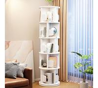 360° Rotating Bookshelf Tower with Wheels, 5-Tier Revolving Bookcase & Drawers, Space-Saving Wood Corner Storage Rack for Small Rooms, Bedroom Furniture (White, 18.7"x18.7"x60.2")
