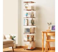 360° Rotating Bookshelf Tower with Wheels, Acrylic Revolving Bookcase, 5-Tier Storage Rack for Small Spaces, Narrow Corner Shelf Organizer, Wood Color (13.7"x13.7"x61.8")