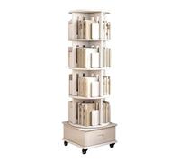 360° Rotating Bookshelf with Wheels, 5-Tier Wooden Bookcase, Narrow Corner Storage Rack with Drawers for Home, Office, Study - White, 18.7x18.7x60.2 inches