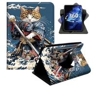 360°Rotating Case for Samsung Galaxy Tab S8 Plus 2022/S7 FE 2021/S7 Plus 2020 12.4 Inch, Smart Lightweight PU Leather Swivel Stand Protective Cover with Auto Wake Sleep,Japanese-Style Cat Samurai