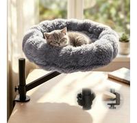 360° Rotating Cat Desk Bed - Height Adjustable Clip-On Pet Hammock with Heavy Duty 50 lbs Capacity, Space-Saving Round Cat Perch for Home Office Desk, Washable Plush Nest Cushion (Grey)