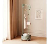 360° Rotating Coat Rack with 4 Hooks and Storage Basket Wall Mounted Hanger for Living Room Space Saver
