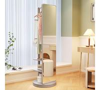 360° Rotating Full Body Mirror - Solid Wood Floor Mirror with Coat Hooks and Shelves - Stylish Grey Decor for Living Room, Bedroom and Wardrobe