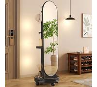 360° Rotating Full-Length Mirror in Solid Wood with Hoo & Swivel Wheels Free-Standing Floor Mirror for Bedroom & Living Room Décor
