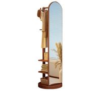 360° Rotating Full Length Mirror Solid Wood Floor Dressing Mirror with Coat Rack & 3 Tiers Storage Shelf, 3-in-1 Modern Standing Full Body Mirror with Swivel Wheels, for Bedroom Living Room Cloakroom