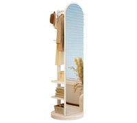 360° Rotating Full Length Mirror Solid Wood Floor Dressing Mirror with Coat Rack & 3 Tiers Storage Shelf, 3-in-1 Modern Standing Full Body Mirror with Swivel Wheels, for Bedroom Living Room Cloakroom