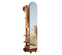 360° Rotating Full Length Mirror Solid Wood Floor Dressing Mirror with Coat Rack & 3 Tiers Storage Shelf, 3-in-1 Modern Standing Full Body Mirror with Swivel Wheels, for Bedroom Living Room Cloakroom