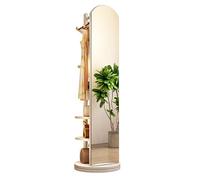 360 Rotating Full Length Mirror with Coat Rack, Solid Wood Floor Standing Hanger Stand for Bedroom Living Room, Space Saving 2-in-1 Design