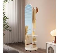 360 Rotating Full Length Mirror with Coat Rack, Wooden Coat Rack with Mirror, 50x172cm Standing Mirrors on Wheels for Bedroom And Living Room, 2-In-1 Space-Saving Design