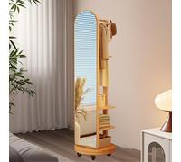 360 Rotating Full Length Mirror with Coat Rack, Wooden Coat Rack with Mirror, 50x172cm Standing Mirrors on Wheels for Bedroom And Living Room, 2-In-1 Space-Saving Design