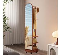 360 Rotating Full Length Mirror with Coat Rack, Wooden Coat Rack with Mirror, 50x172cm Standing Mirrors on Wheels for Bedroom And Living Room, 2-In-1 Space-Saving Design