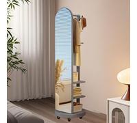360 Rotating Full Length Mirror with Coat Rack, Wooden Coat Rack with Mirror, 50x172cm Standing Mirrors on Wheels for Bedroom And Living Room, 2-In-1 Space-Saving Design
