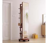 360° Rotating Full Length Mirror with Universal Roller, Three-in-One Solid Wood Dress Mirror and Coat Rack & Storage Rack, For Bedroom, Living Room, Hallway (Red walnut color, 50×178cm(19.69×70.08in))