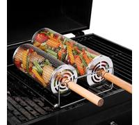 360° Rotating Grill Basket BBQ Roller - Stainless Steel Rolling Grill Cage with Long Wooden Handle - Even Cooking for Meat & Veggies - Rustproof & Easy to Clean Barbecue Grill Tool