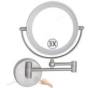 360° Rotating LED Makeup Mirror with Lights 1X/3X Magnification Wall mounted Vanity Mirror Foldable Brushed Nickel Finish Plug in Design for Bathroom and Dressing Room