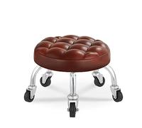 360° Rotating Low Roller Seat with Leather Cushion & Back Rest - Compact Stool Chair for Home, Office, or Beauty Salon - Comfortable & Stylish Wheel Stool