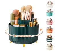 360° Rotating Makeup Organiser, Make Up Brush Holder with 5 Compartments, Desk Storage Container for Bedroom Dressing Table Cosmetics Organizer, Office Stationery Storage, Desktop Pen Holders (Green)