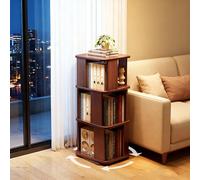 360° Rotating Solid Rubber Wood Boohelf3Tier FloorStanding Bookcase Tower SpaceSaving Corner Sto for Living Room Bedroom & Home Office (Brown)