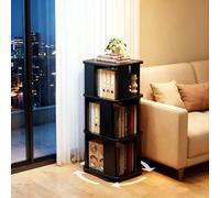 360° Rotating Solid Rubber Wood Boohelf3Tier FloorStanding Bookcase Tower SpaceSaving Corner Sto Rack for Living Room Bedroom & Home Office (Black)