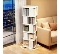 360° Rotating Solid Rubber Wood Boohelf5Tier FloorStanding Bookcase Tower for SpaceSaving Corner Sto in Living Room Bedroom Home Office (White)
