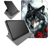360° Rotating Stand Case for Samsung Galaxy Tab A9 8.7" 2023 2024 2026 SM-X110/X115/X117 & Tab A11- Smart Protective Cover with Auto Wake/Sleep,Full-Body Kickstand Case,Wolf with Red Flowers
