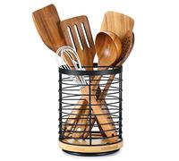 360° Rotating Utensil holder for Kitchen Counter 5.9 x 5.9 x 7.8 Large Round Utensils Holder with Wooden Base Matte Black Cooking Utensil Holder，Kitchen countertop Utensil Organizer