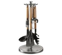360 Rotating Utensil Rack, Aluminum Kitchen Organizer 8 Hooks, Countertop Cutlery Holder with Compartments, Space Saving Storage for Kitchen Tools, Black