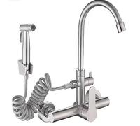 360° Rotating Wall-Mounted Kitchen Faucet with Spray Gun - Brushed Stainless Steel for Easy Cleaning and Modern Design