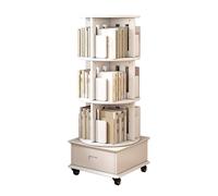 360° Rotating White Bookshelf Tower 4 Tier Revolving Bookcase with Wheels & Drawers Narrow Corner Storage Rack for Small Spaces Bedroom Compact Design (18.7x18.7x48.0)