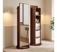 360º Rotating Wood Full Length Mirror with 4-Tier Bookcase, Floor Dressing Mirror Storage Shelf, 3-in-1Full Body Standing Mirrors with Coat Rack and Magzine Rack, for Bedroom, Living Room, Study Room