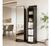 360º Rotating Wood Full Length Mirror with 4-Tier Bookcase, Floor Dressing Mirror Storage Shelf, 3-in-1Full Body Standing Mirrors with Coat Rack and Magzine Rack, for Bedroom, Living Room, Study Room