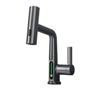 360° Rotation Basin Faucet with Digital Display,Lift Up/Down,Gray | Stainless steel construction,360° rotation,digital temperature display,lift up/down sprayer,hot/cold water