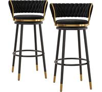 360° Swivel Bar Stools Set of 2 25.6" Counter Height Barstools with Woven Backrest/Black Metal Legs Velvet Upholstered Stool Chairs for Home/Kitchen Island/Breakfast Bar lofty ambition (Black 75cm)