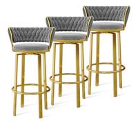 360 ° Swivel Height Bar Stools Set of 1/2/3/4, Open-back Velvet Barstools with Woven Back and Gold/Black Footrest, Dining Chairs for Kitchen Island Pub,Grey Gold Leg,2 PCS
